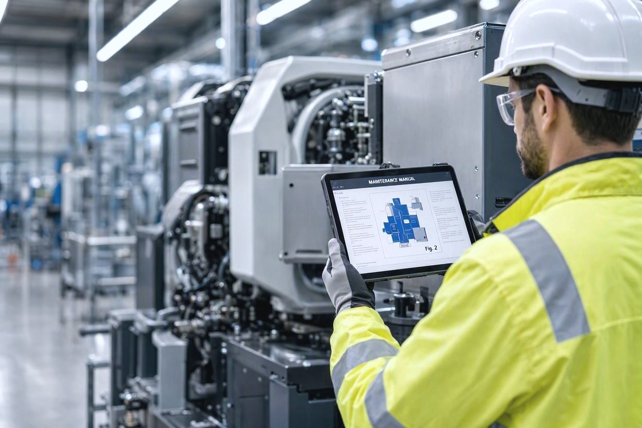 Tecnico in fabbrica consulta il manuale di manutenzione su tablet MobileReplica