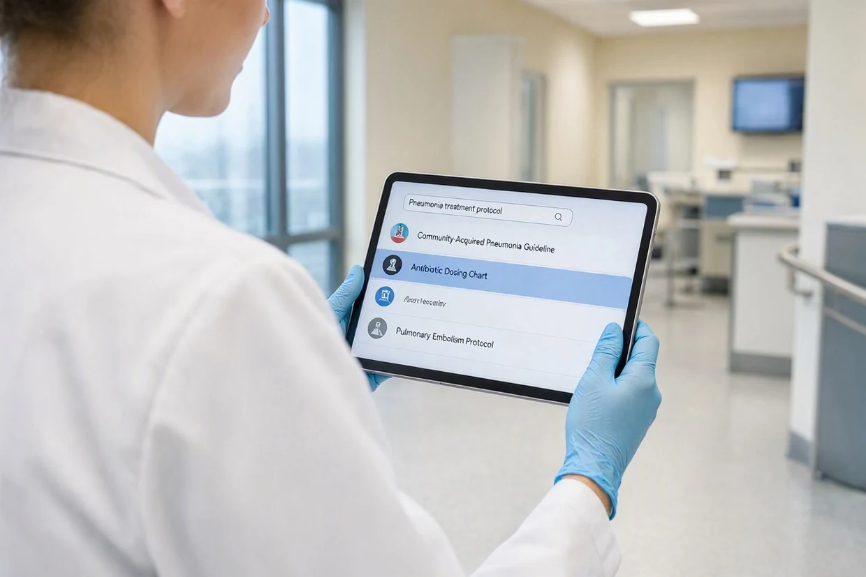 Un medico in clinica cerca al volo un protocollo clinico su tablet, con la ricerca full-text di MobileReplica
