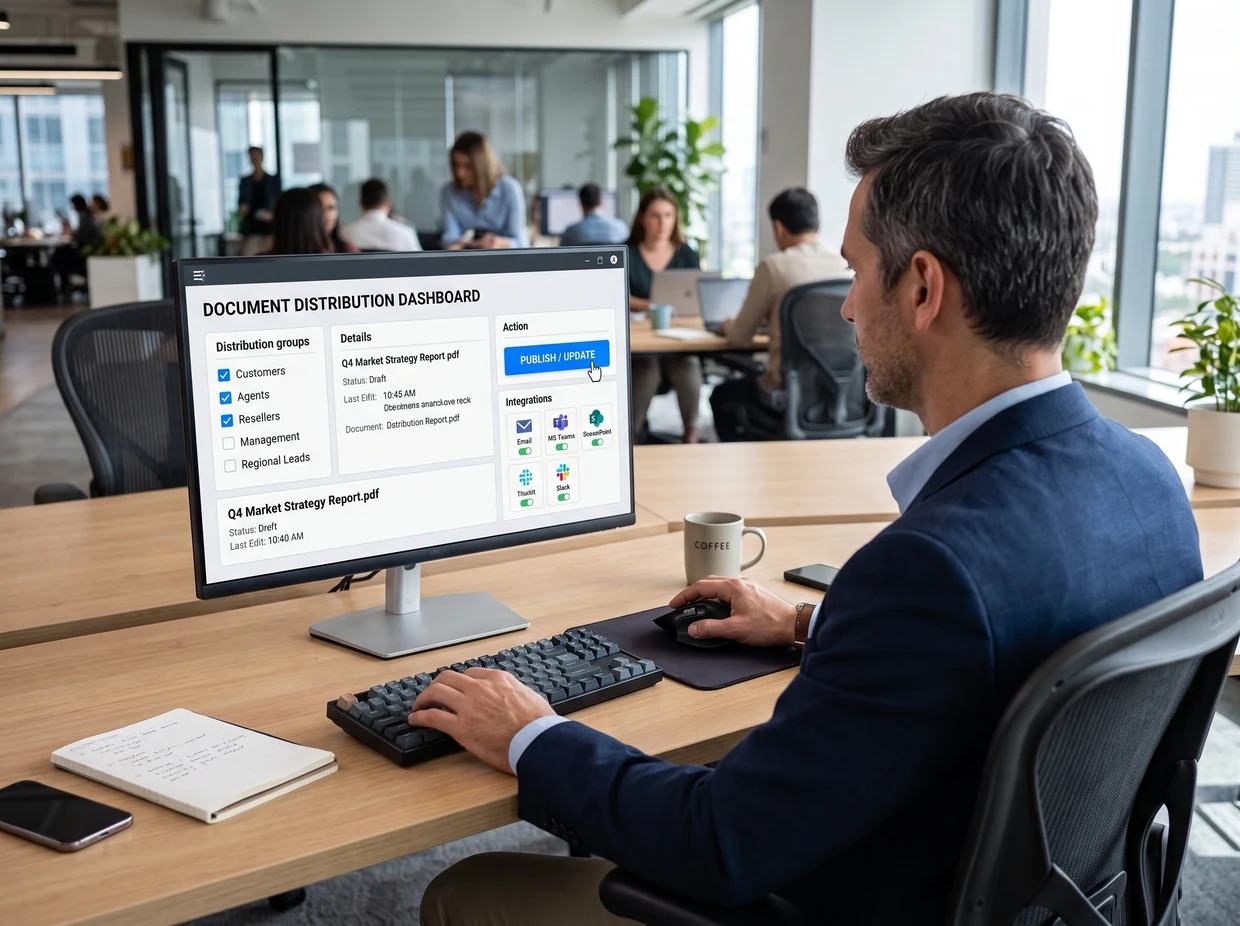 Un manager pubblica un documento e lo distribuisce ai gruppi (clienti, agenti, rivenditori) da una dashboard, con integrazioni, in MobileReplica