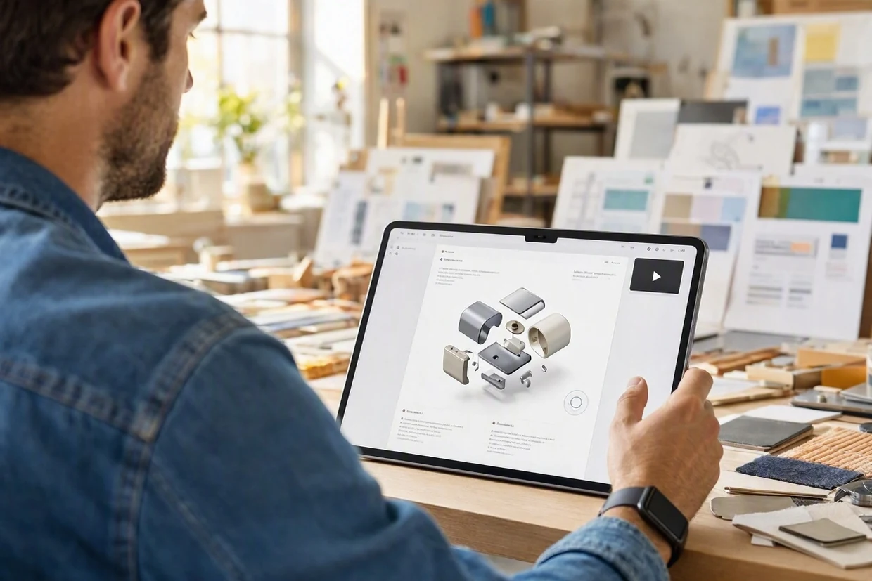 Un designer in studio esplora un modello 3D e un video dentro un documento su tablet, con MobileReplica