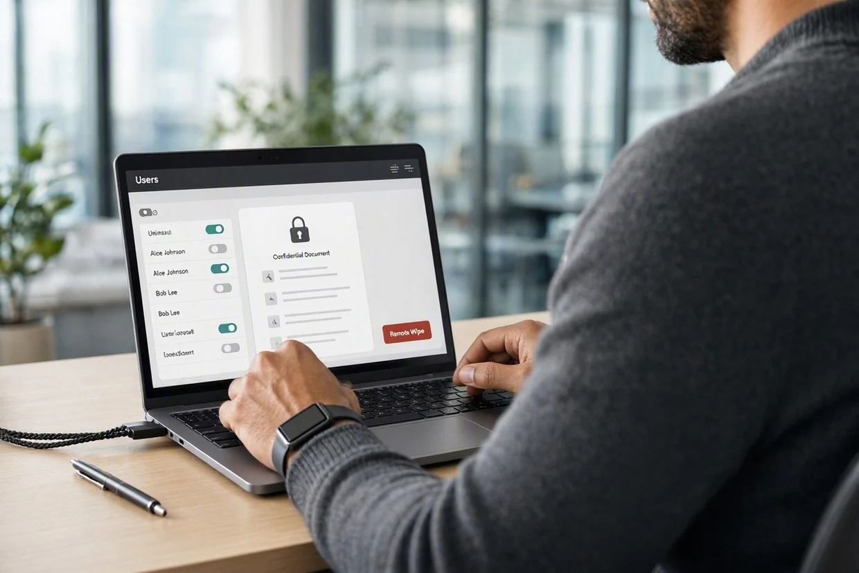 Un amministratore gestisce accessi profilati, documenti crittografati e cancellazione da remoto da un pannello, con MobileReplica
