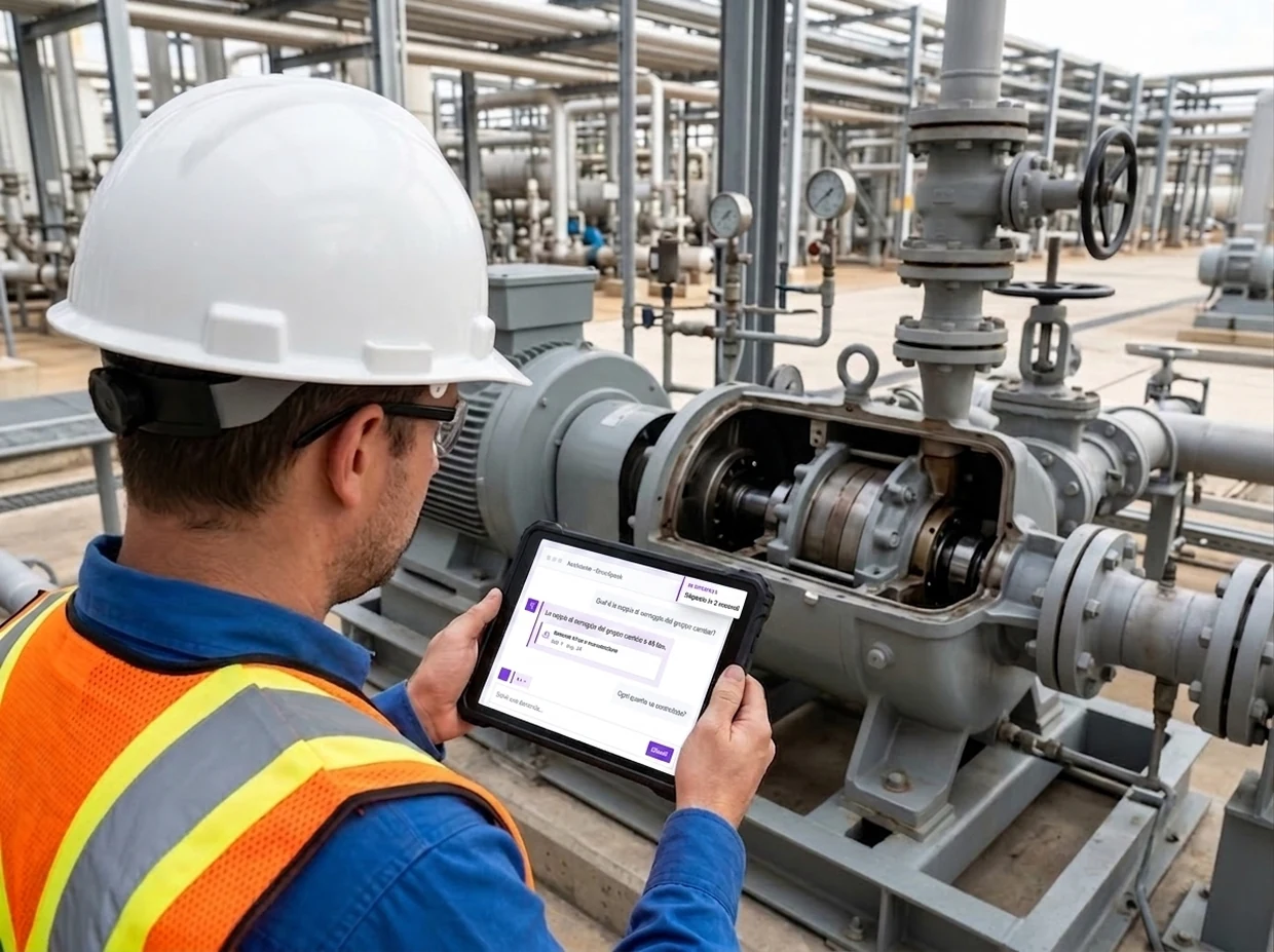 Un tecnico in impianto oil & gas consulta l'assistente IA DocuSpeek sul tablet, davanti a una pompa industriale