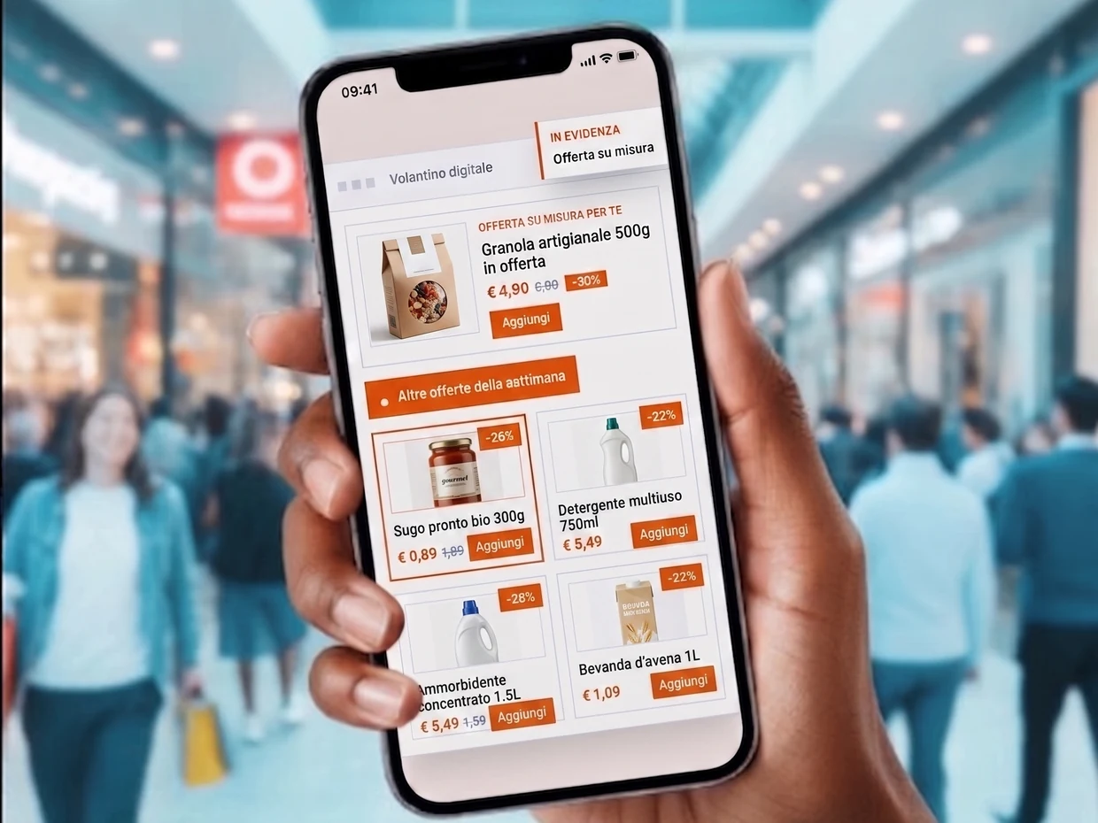 Un cliente in un centro commerciale sfoglia il volantino digitale GDOFlyer sullo smartphone, con offerte e prezzi