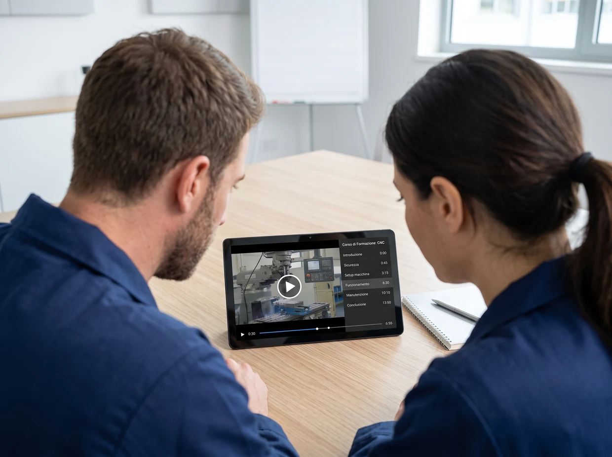 Due colleghi in una sala formazione guardano un video-tutorial CNC su tablet con il modulo TV