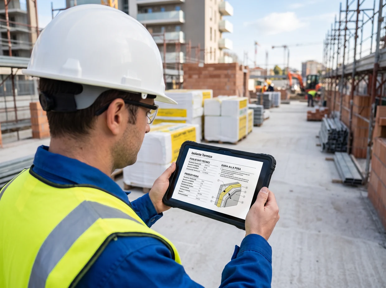 In cantiere un tecnico consulta su tablet la scheda tecnica e la guida di posa di un materiale, con MobileReplica