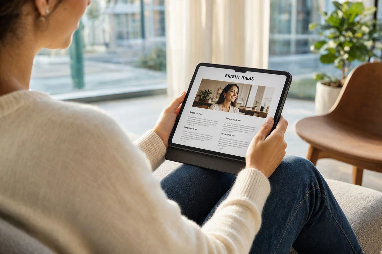 Una persona sfoglia comodamente una rivista digitale su tablet con MobileReplica