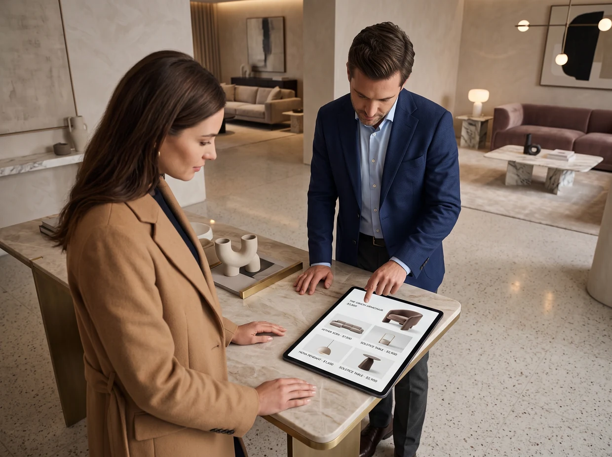 In uno showroom di lusso un consulente mostra il catalogo della collezione su tablet a una cliente