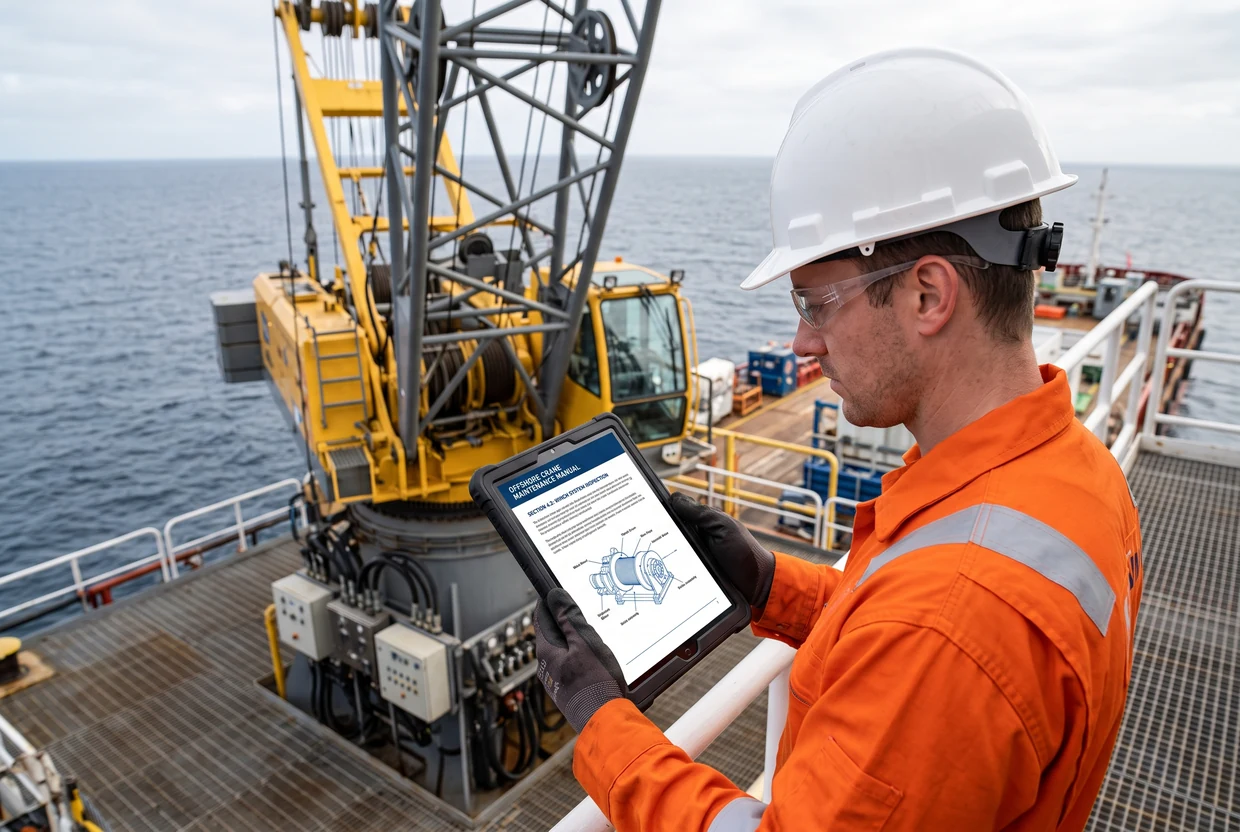 Un tecnico offshore consulta su tablet il manuale di manutenzione di una gru, con MobileReplica